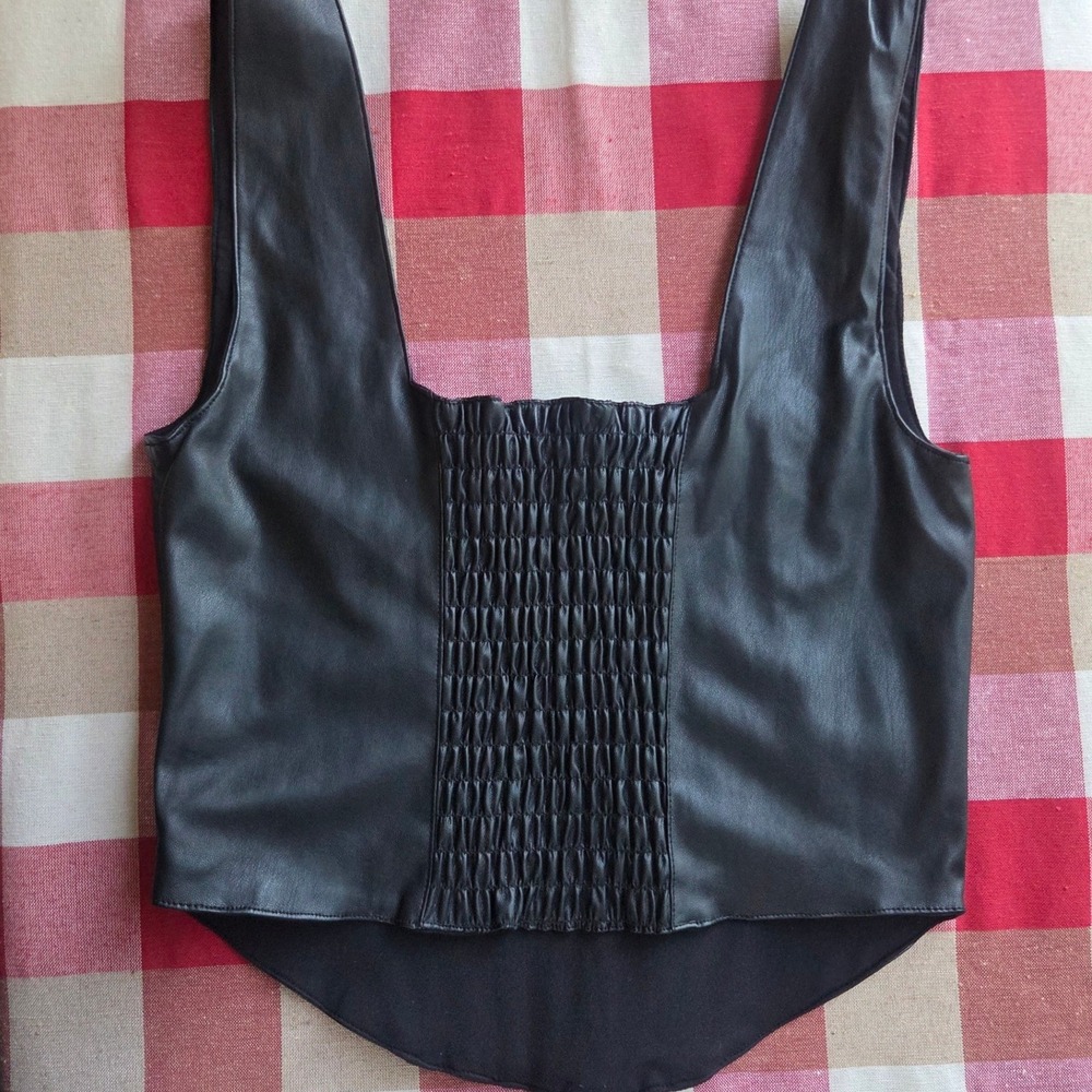 7‎ For All Mankind Black Vegan Leather Corset Top Square Neck Smocked Back Small - Picture 12 of 13